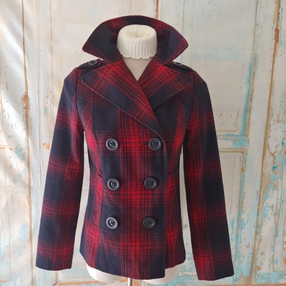 Old Navy plaid wool lined button heavy pea coat/XS/red & navy blue - Picture 7 of 11